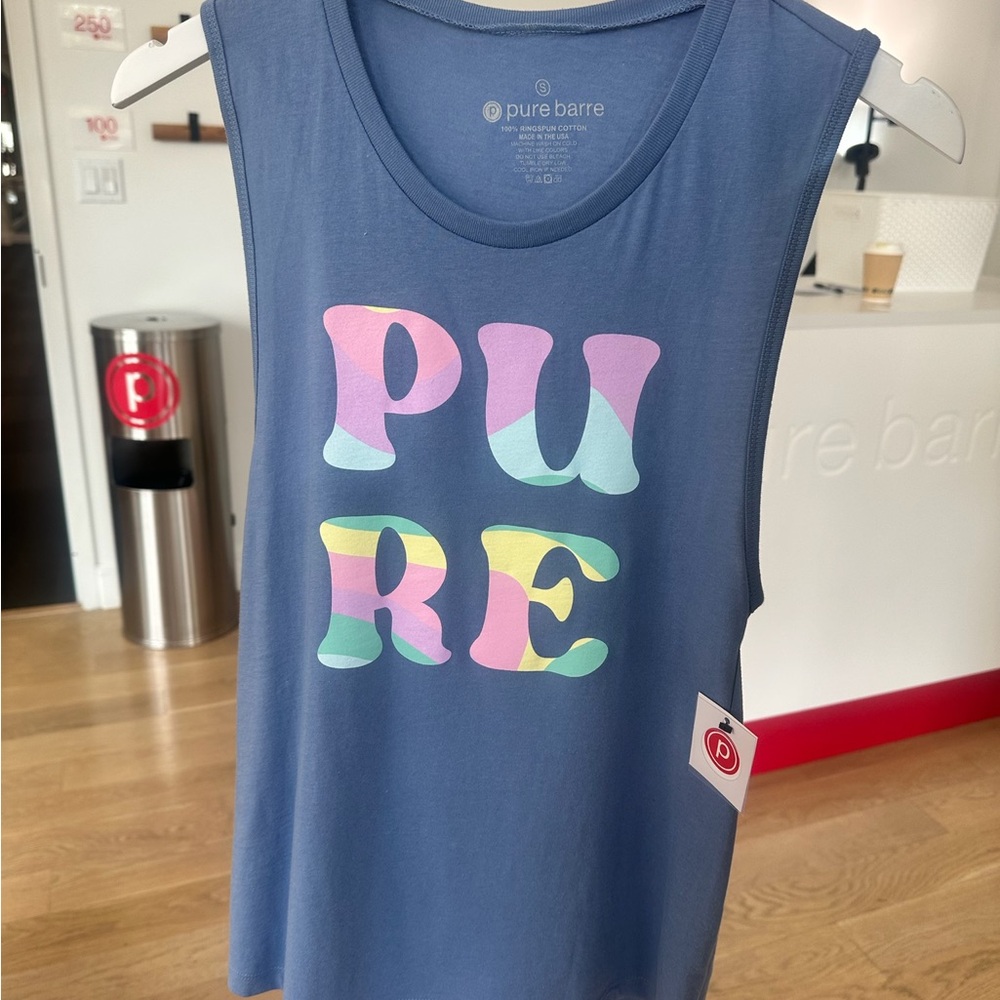 Pure Barre Blue Tank Top with Colorful Letters